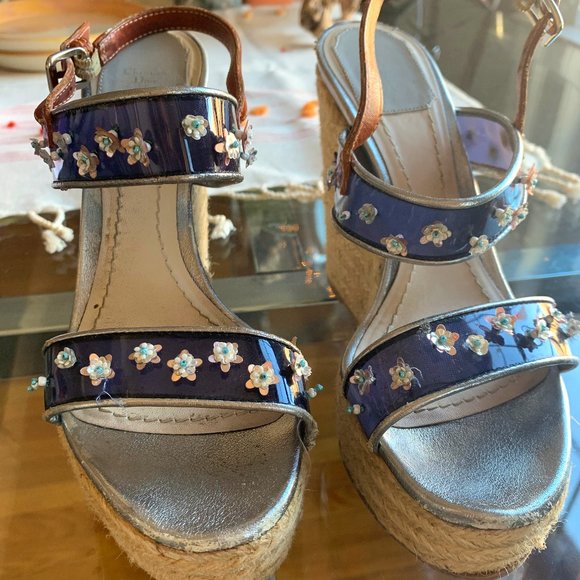 Vintage Christian Dior Blue Floral Platforms - Picture 1 of 4